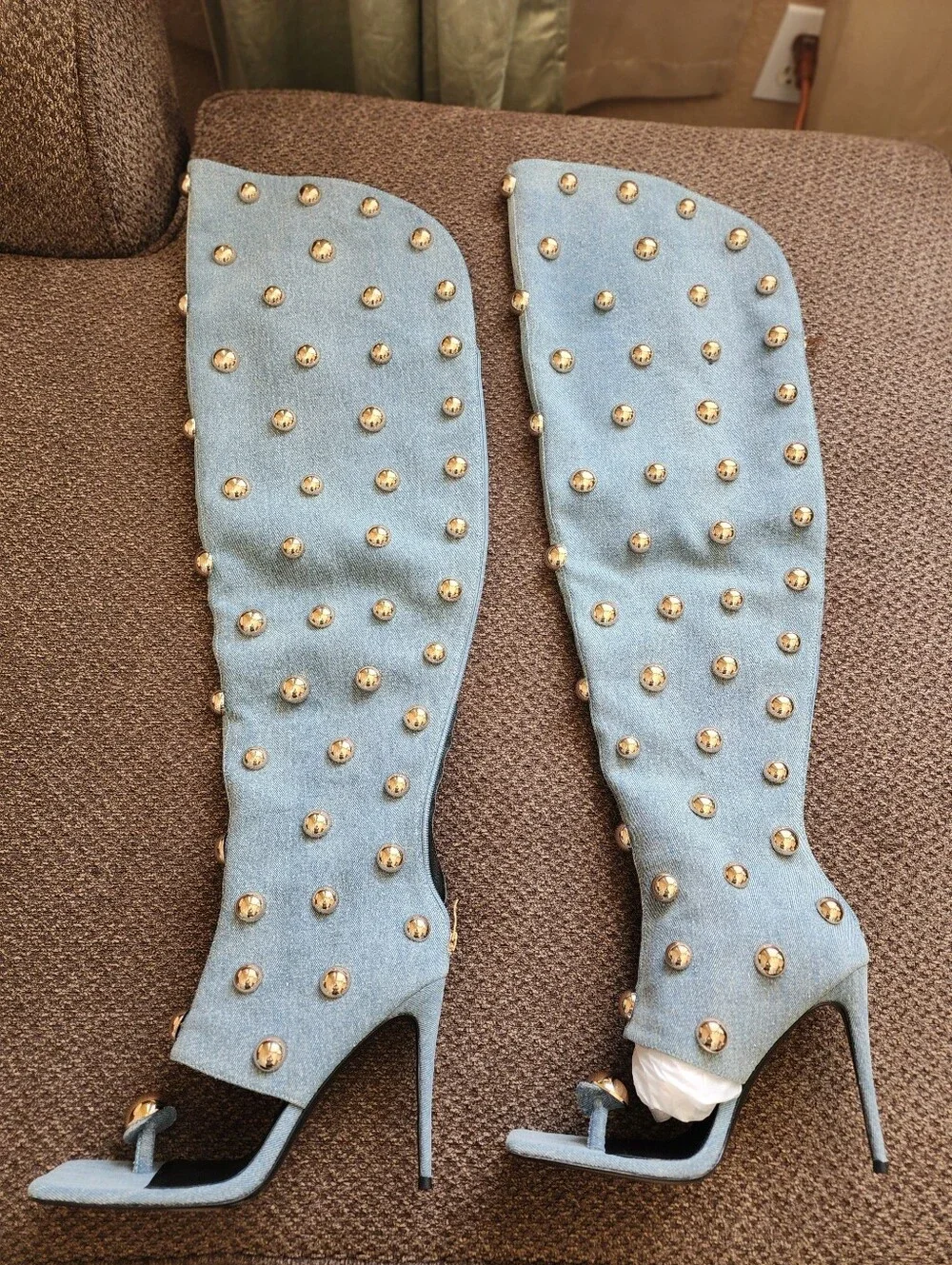 IYKYK I Am Jennifer Le Big Gold Studded Over-the-Knee Denim Stiletto Boot